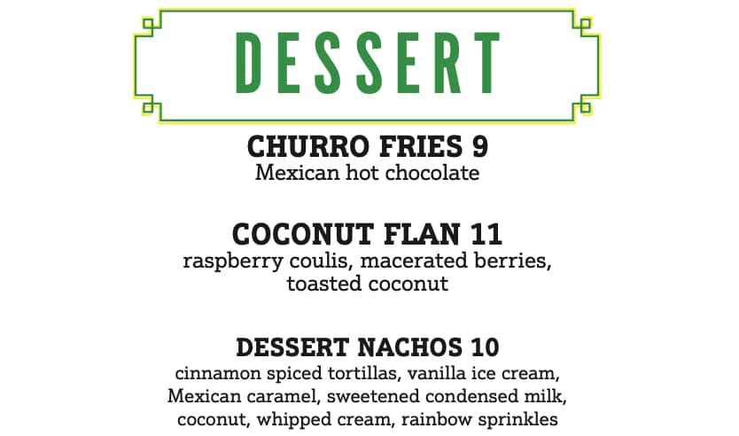 Desserts menu
